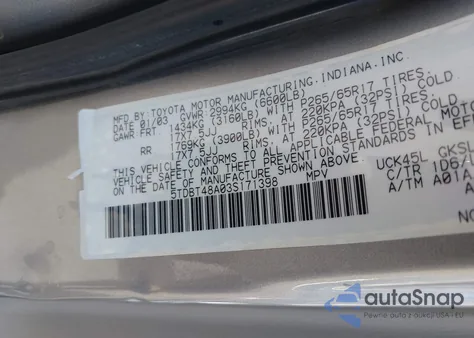 2003 Toyota Sequoia Limited from USA, damaged, VIN 5TDBT48A03S171398